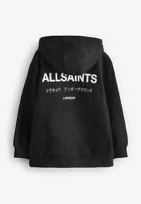 Sudadera negra con capucha que presenta un gran logotipo y texto blanco de "ALLSAINTS" en la parte posterior, con cordones en la capucha y puños acanalados.