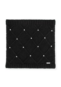 Scaldacollo nero lavorato a maglia con motivo a diamante trapuntato e decorato con perline bianche. I bordi a coste migliorano la consistenza e la vestibilità.