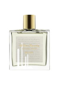 Clear glass perfume bottle with a gold cap, labeled "Miller Harris Melody." The label features elegant text on a light background.