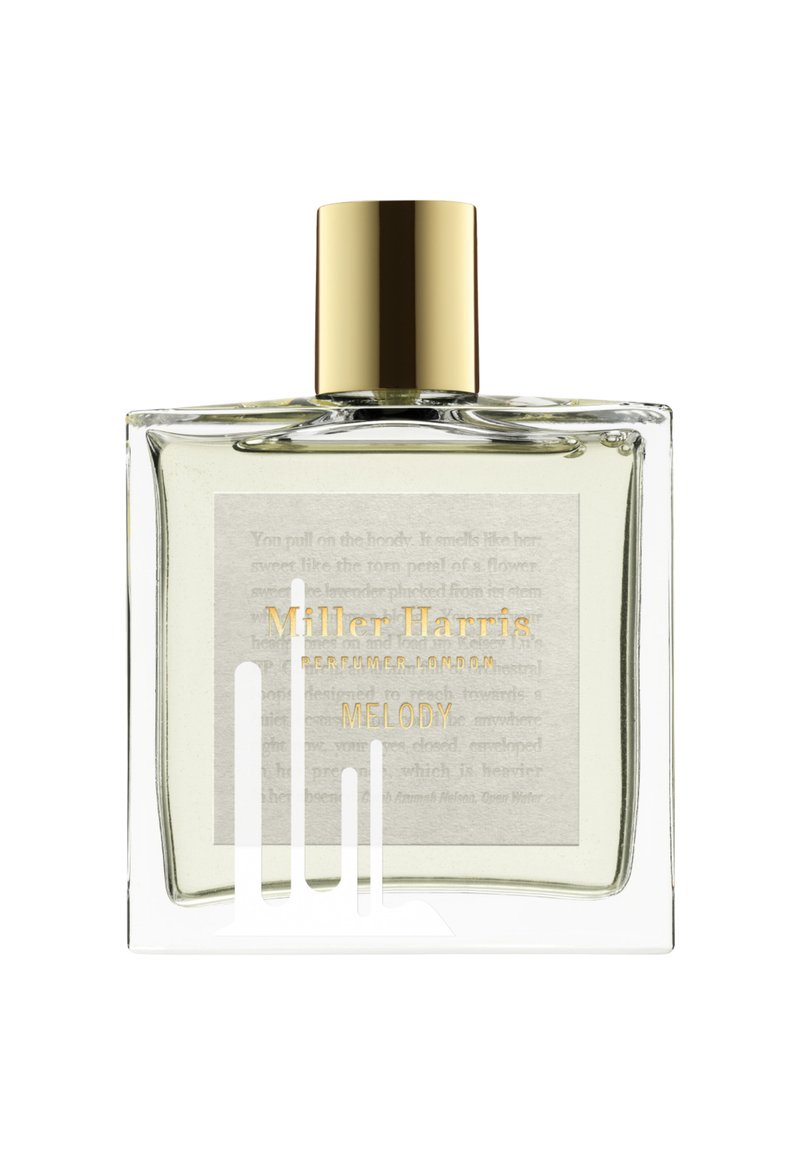 Clear glass perfume bottle with a gold cap, labeled "Miller Harris Melody." The label features elegant text on a light background.
