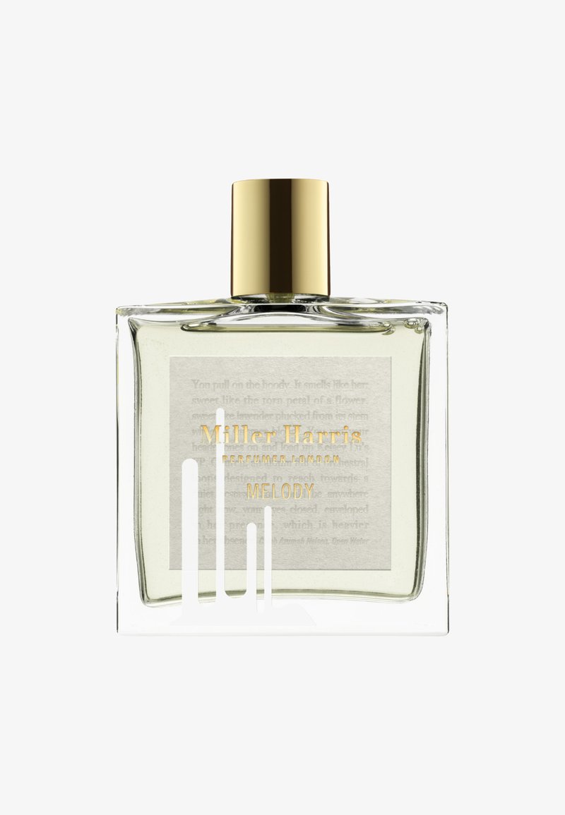 Clear glass perfume bottle with a gold cap, labeled "Miller Harris Melody." The label features elegant text on a light background.