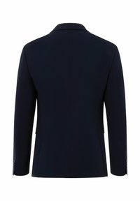 Navyblauwe blazer met een getailleerd design, voorzien van een notched revers, een enkele split en twee zijzakken. Gladde stoftextuur. Lange mouwen.