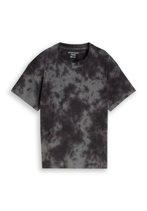 Schwarzes und graues Batik-Oversize-T-Shirt mit kurzen Ärmeln und Rundhalsausschnitt, Größe 5/140 von Tom Tailor, flach auf weißem Hintergrund liegend.