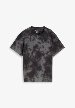 Schwarzes und graues Batik-Oversize-T-Shirt mit kurzen Ärmeln und Rundhalsausschnitt, Größe 5/140 von Tom Tailor, flach auf weißem Hintergrund liegend.