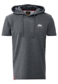 Szara koszulka z krótkim rękawem i kapturem, wykonana z miękkiej bawełnianej mieszanki. Posiada logo z przodu oraz sznurki do ściągania. Na lewej stronie znajduje się czerwona metka.