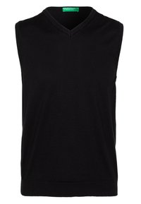 Black sleeveless knit sweater with a V-neck design, featuring a ribbed hem and smooth texture. Brand tag visible at the neckline.