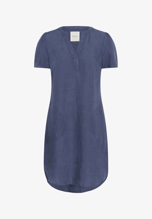 Kratka modra obleka iz lana s kratkimi rokavi in V-izrezom, stranskimi žepi ter zaobljeno spodnjo robom. Ima mehko teksturo in sproščen kroj.