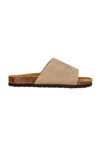 Beige suède slippersandalen met kruisende ontwerp, kurken voetbed en rubberen zool. Soepele textuur en subtiele stiksels.