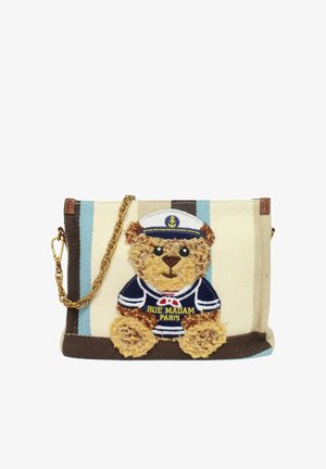 Piccola borsa a tracolla in tessuto rigato con catena dorata, caratterizzata da un orsetto con tenuta da marinaio blu e cappello da capitano.