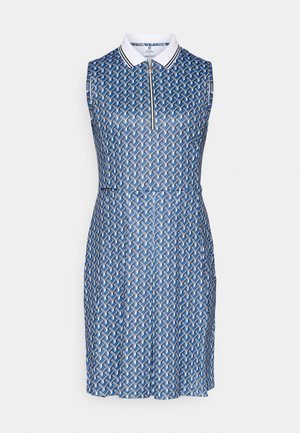 Ermeløs kjole i blått med et geometrisk mønster. Har hvit krage, glidelås foran og innsvingt midje, laget av et glatt stoff.