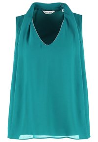 Blouse sans manches en teal en tissu léger, présentant un décolleté en V profond et un design drapé. Fini avec une coupe décontractée et un léger éclat.