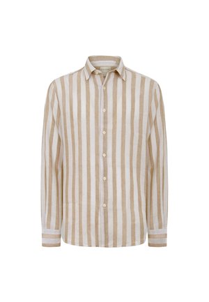 Herrenhemd mit langen Ärmeln, Knopfleiste, vertikalen beige-weißen Streifen, spitzem Kragen und einer einzelnen Brusttasche.