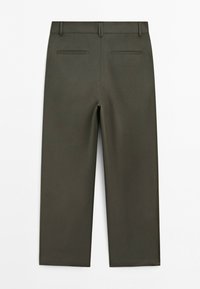 Dark olive green straight-leg trousers with belt loops and two back welt pockets, shown from the rear on a white background.