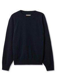 Marinblå stickad tröja med rund halsringning, ribbade muddar och nederkant. Har en slät yta och raglanärmar. Enkel design.