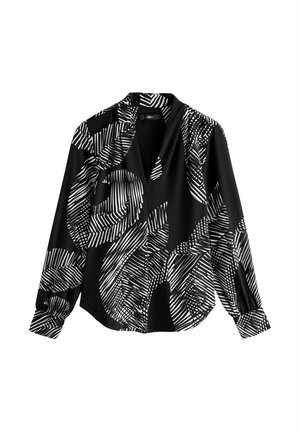 Zwarte blouse met lange mouwen, voorzien van een gedurfde witte abstracte bladeren- en streepmuster; lichtgewicht stof met een losse pasvorm en kraag.