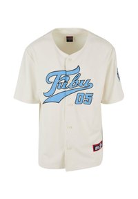Kremo spalvos beisbolo marškiniai su šviesiai mėlynu "Fubu" logotipu ir "05" ženklinimu. Yra mygtukų uždarymas, trumpi rankovės ir šoninis etiketės detalė.
