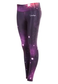 Paarse en zwarte leggings met sterrenpatronen, geometrische ontwerpen en een hoge tailleband. Gemaakt van rekbaar, glad materiaal.
