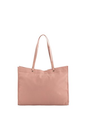 Pink nylon tote bag with two flat handles and a simple, unembellished design. Features rounded edges and a soft texture.
