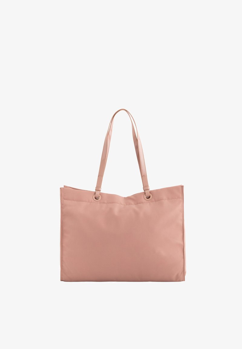 Pink nylon tote bag with two flat handles and a simple, unembellished design. Features rounded edges and a soft texture.