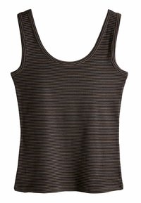 Ribakujuline tank top, millel on sügav kaelus ja laiad rihmad, peamiselt tumepruun värv koos heledate triipudega, ideaalne igapäevaseks kandmiseks.