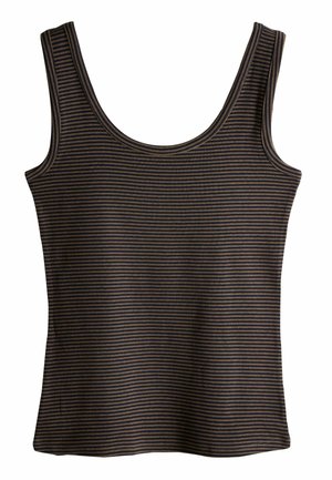 Striped tank top featuring a scoop neckline and wide straps, primarily dark brown with lighter stripes, ideal for casual wear.