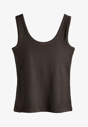 Prugasta majica bez rukava s izrezom u obliku srca i širokim trakama, prvenstveno tamnosmeđa s svjetlijim prugama, idealna za svakodnevno nošenje.