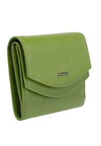 Portefeuille en cuir vert avec une texture lisse, design pliable, et un logo argenté "MAÎTRE" sur le devant. Compact et léger.