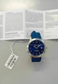 Orologio con cinturino in silicone blu, ghiera in acciaio inossidabile, lancette argentate e quadrante blu con numeri arabi e display della data. Istruzioni incluse.