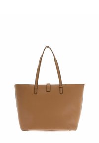Bolso tote de cuero marrón con dos asas para el hombro, diseño minimalista, forma rectangular y cierre central con broche. Textura lisa.