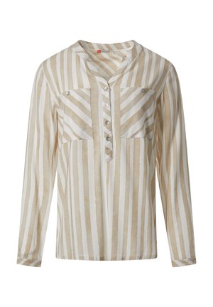 Beige-weiß gestreiftes Langarmhemd mit knöpfbarer Vorderleiste und zwei Brusttaschen mit Knopfverschluss.