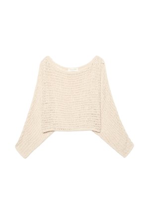 Pull court beige en tricot avec large encolure bateau et manches longues dolman, présentant un motif de maille texturé et ample.