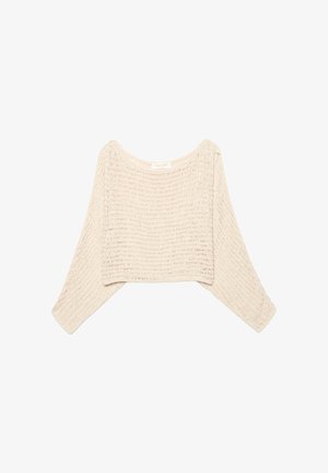 Béžový pletený skrátený sveter so širokým výstrihom v tvare člna a dlhými rukávmi typu dolman, s voľným, textúrovaným vzorom stehu.