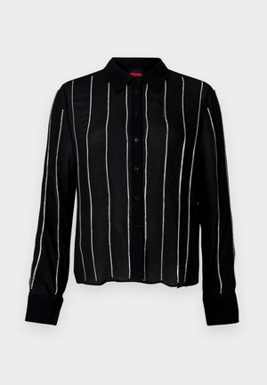 Schwarzes Langarmshirt mit Knopfleiste, vertikalen silbernen Streifen, Kragen und strukturiertem Stoff.