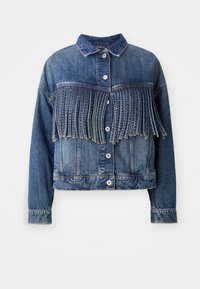 Veste en denim à manches longues, boutonnée devant, finition franges sur la poitrine, col classique, lavage bleu moyen.