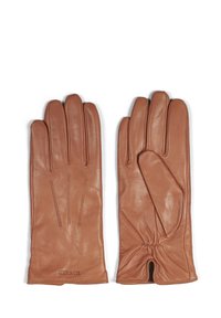 Gants en cuir marron avec cinq doigts, ornés de surpiqûres verticales et d'un poignet froncé pour un ajustement confortable.