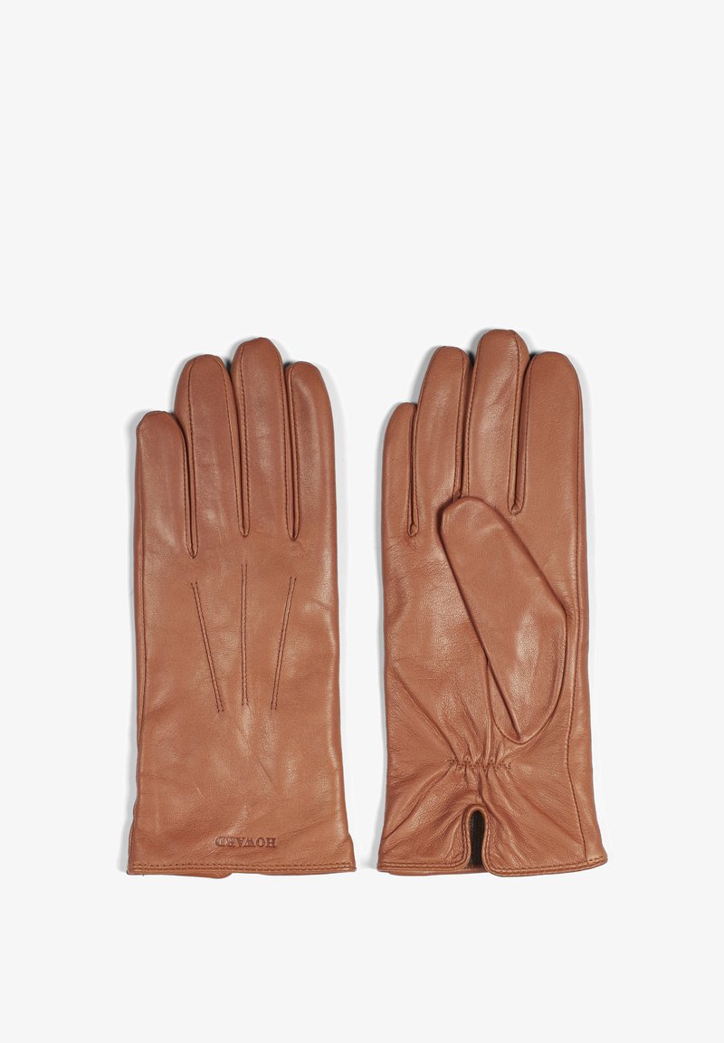 Bruine leren handschoenen met vijf vingers, voorzien van verticale stiksels en een geplooide pols voor een comfortabele pasvorm.