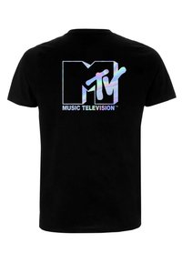 Sort kortærmet t-shirt med et iriserende MTV-logo og teksten "MUSIC TELEVISION™" på ryggen. Blødt stof, klassisk crew neck design.