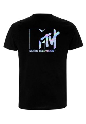 Maglietta nera a maniche corte con un logo MTV iridescente e il testo "MUSIC TELEVISION™" sul retro. Tessuto morbido, design classico con collo a girocollo.