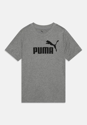 T-shirt cinza de manga curta feita de algodão, apresentando um logótipo preto "PUMA" e um gráfico de um puma a saltar na parte da frente. Gola arredondada.