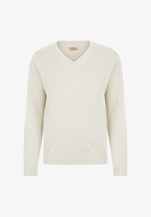 Ljust beige v-ringad tröja gjord av ett mjukt stickat tyg. Har ribbad nederkant och ärmar, med en avslappnad passform och minimal detaljer.