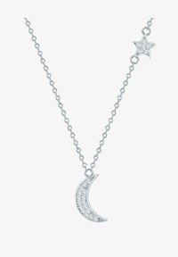 Collar de cadena de plata con un colgante de media luna adornado con cristales transparentes y un pequeño acento de estrella.