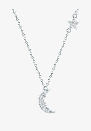 Collana in argento con pendente a forma di luna crescente impreziosita da cristalli trasparenti e un piccolo accento a forma di stella.