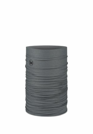 Grauer nahtloser Tubular-Neckgaiter mit subtiler horizontaler Struktur und kleinem rundem Buff-Logo an der Seite, für den Outdoor-Einsatz entwickelt.