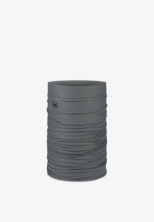 Grauer nahtloser Tubular-Neckgaiter mit subtiler horizontaler Struktur und kleinem rundem Buff-Logo an der Seite, für den Outdoor-Einsatz entwickelt.