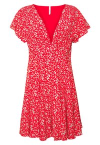 Vestido floral rojo con un escote en V profundo, mangas cortas acampanadas y una falda acampanada. Presenta pequeños patrones de flores blancas y amarillas en toda la tela.