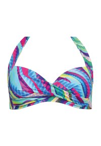 Kolorowy biustonosz bikini z twistowym wzorem, z niebieskimi, zielonymi i różowymi falistymi paskami na gładkiej, błyszczącej tkaninie. Ramiączka na szyję.