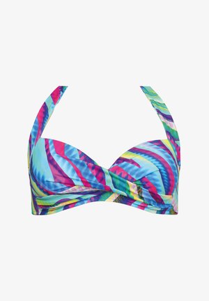 Kolorowy biustonosz bikini z twistowym wzorem, z niebieskimi, zielonymi i różowymi falistymi paskami na gładkiej, błyszczącej tkaninie. Ramiączka na szyję.
