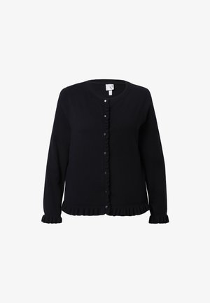 Marineblauwe cardigan met lange mouwen, voorzien van een tekstuurlijke ruches trim langs de voorkant en de zoom, en knoopsluitingen in het midden.