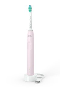 Spazzolino elettrico Philips Sonicare di colore rosa con testina bianca. Presenta un pulsante di accensione, luci indicatrici e una base di ricarica con cavo USB.