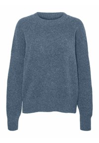 Mjuk blå crewneck-tröja med långa ärmar samt ribbade muddar och nederkant, tillverkad av mysigt stickat tyg.